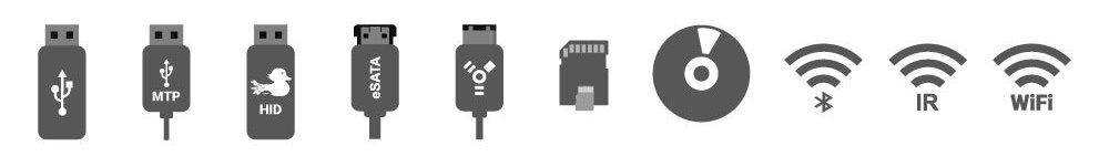 Devices: USB, e-SATA, FireWire drives, mobile phones MTP, CD, Bluetooth, IRDA, WiFI.